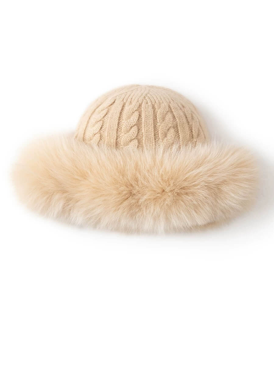 	Luxury cashmere cable knit hat with fox fur trim for women