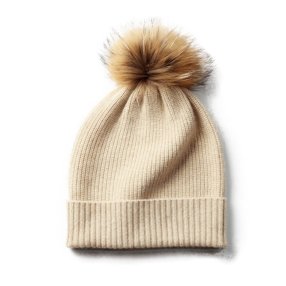 100% Cashmere Women’s Beanie with Detachable Pom-Pom in beige 