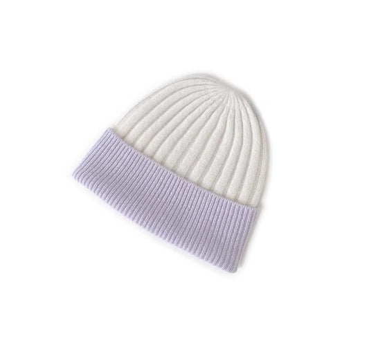 Women's Two-Tone ribbed cashmere beanie hat in white