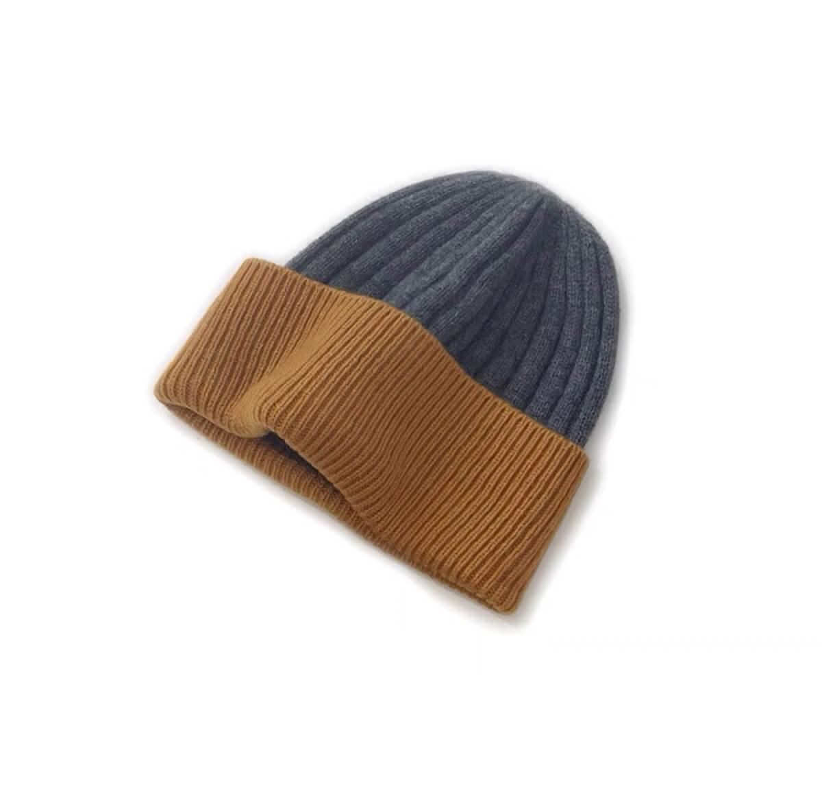 Women's Two-Tone ribbed cashmere beanie hat in grey