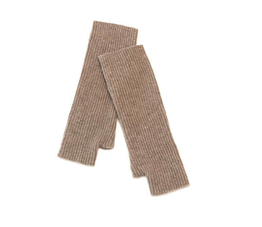 100% Cashmere Fingerless Gloves for Women - Knit Wrist Warmers in camel 