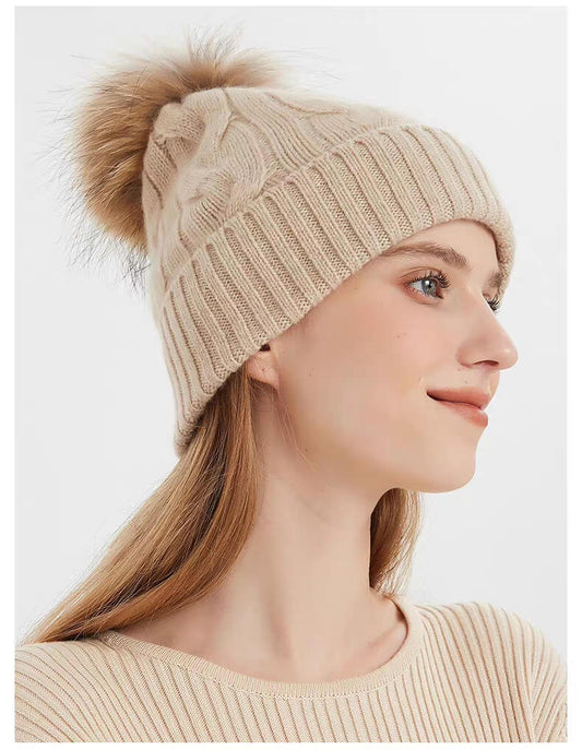 cashmere cable knitting beanie hats with pom pom