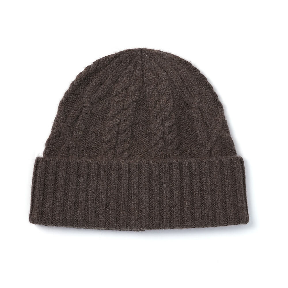 Luxurious 100% Cashmere Women’s Cable Knit Beanie in dark brown