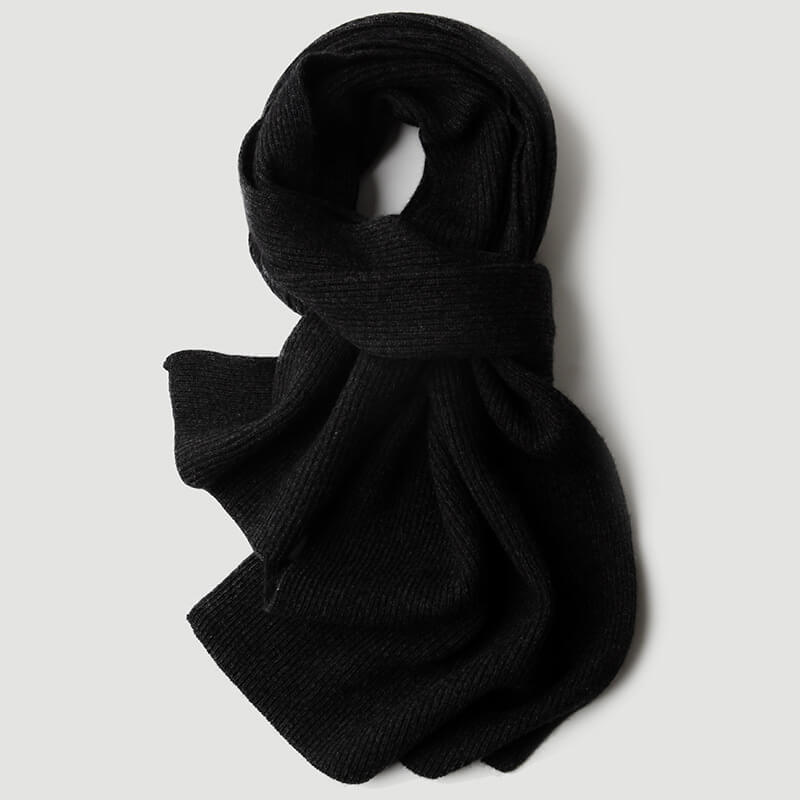 Luxurious Unisex 100% Cashmere Rib-Knit Scarf in black 