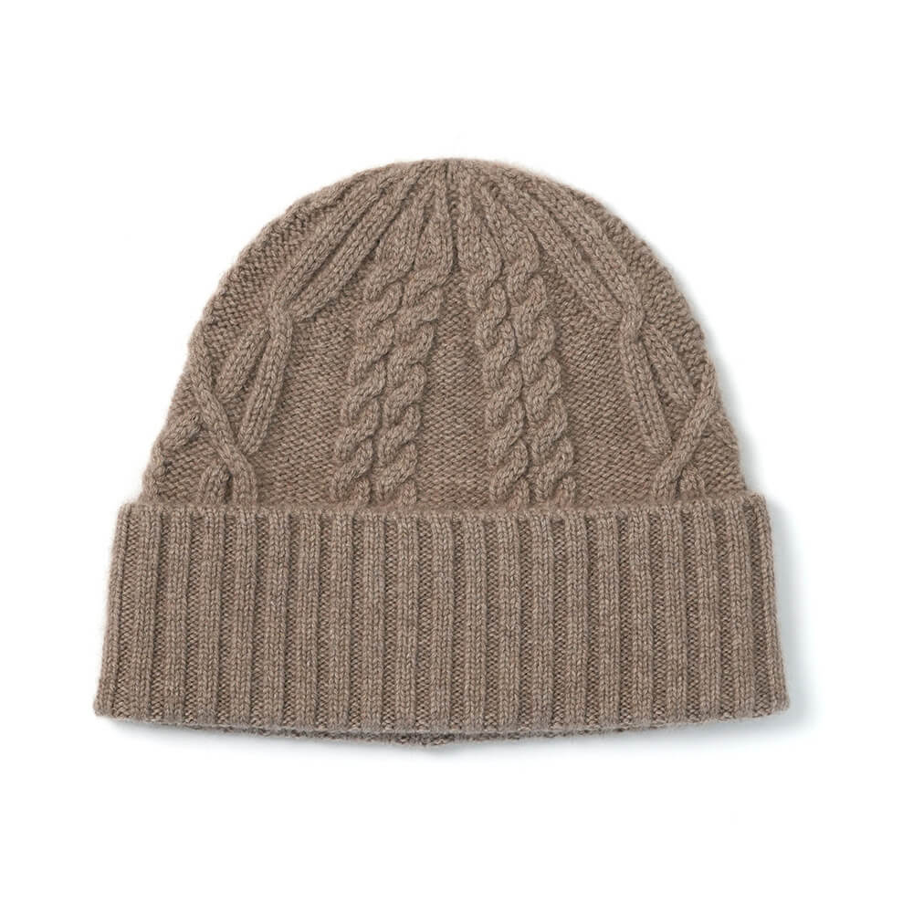 Luxurious 100% Cashmere Women’s Cable Knit Beanie in camel
