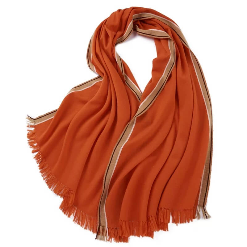 100% cashmere twill woven scarf in orange with colorful edge stripes