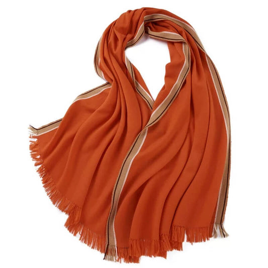 100% cashmere twill woven scarf in orange with colorful edge stripes