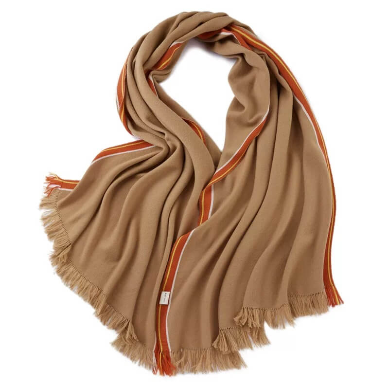 Camel cashmere wrap with Italian designer color details,Luxury 195×60 cm cashmere scarf with multi-color striped edges