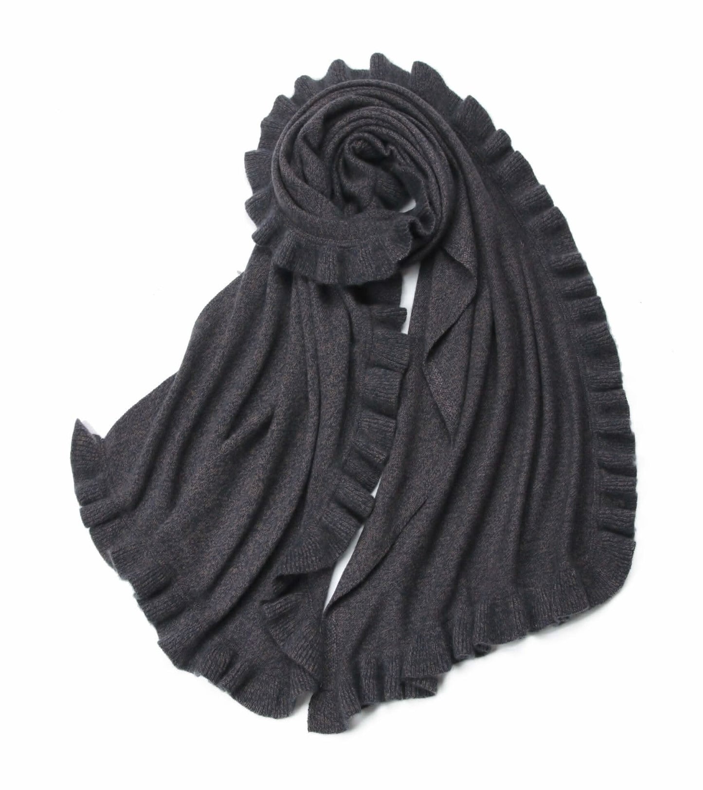 Women's cashmere scarf with Ruffles in charcoal grey
