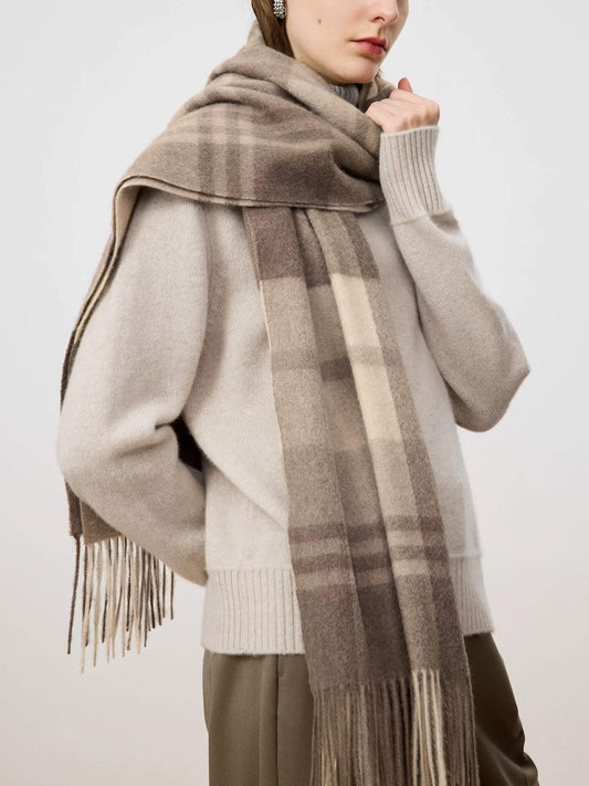 100% cashmere plaid shawl in beige and camel check pattern
