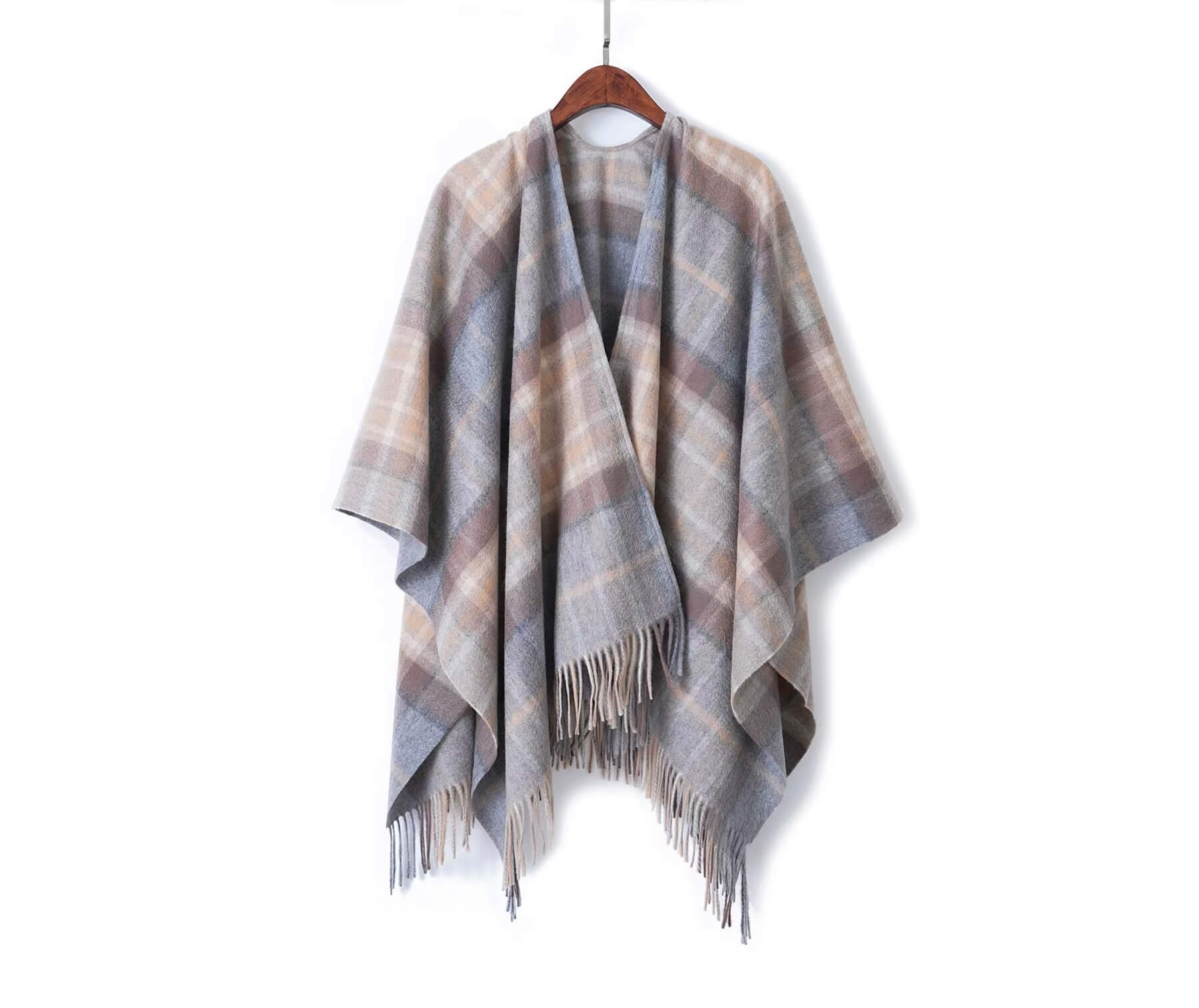 Gray-blue and light-brown plaid cashmere wrap cape