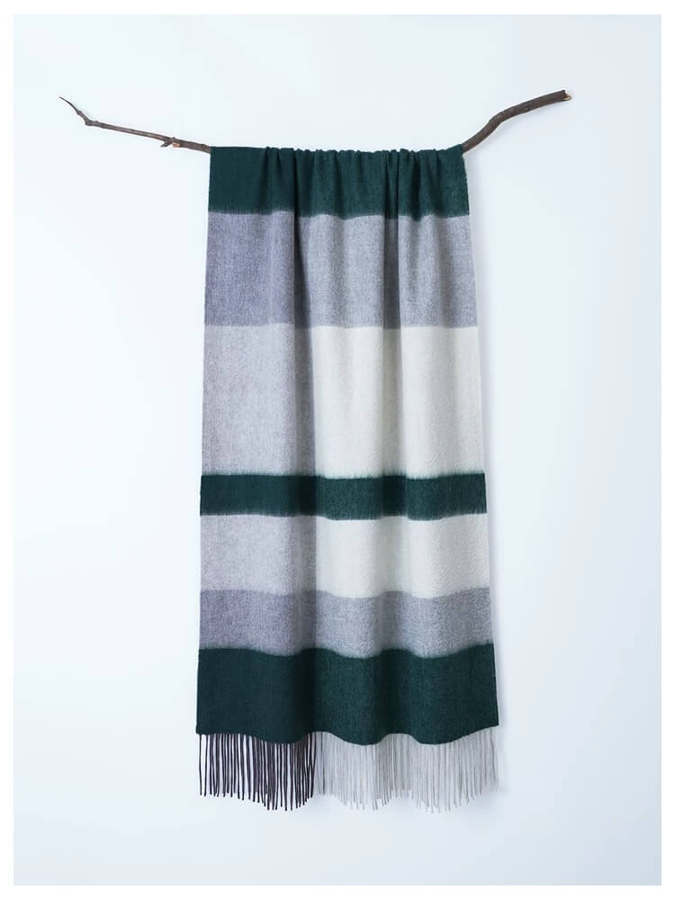 Striped 100% cashmere scarf with fringes draped over a branch on a white background