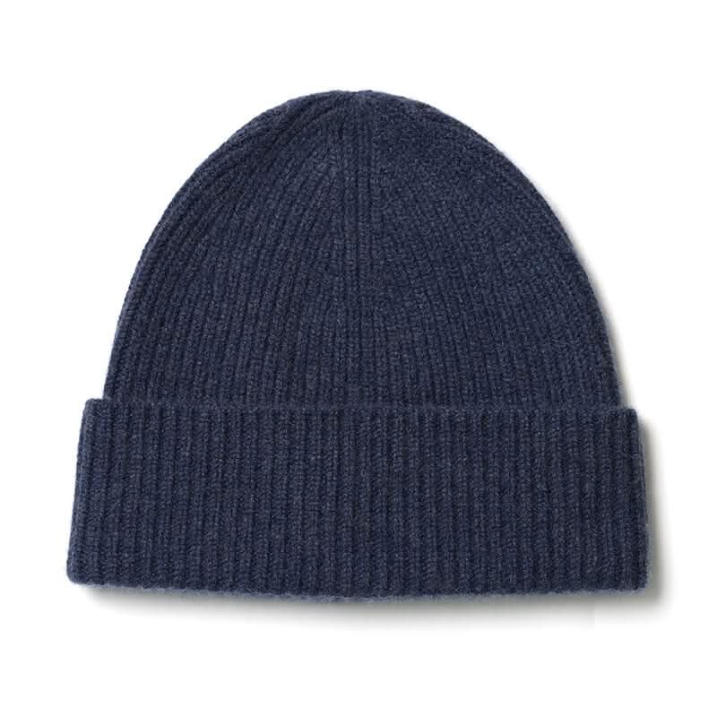 women's men's cashmere ribbed beanie hats in dark blue