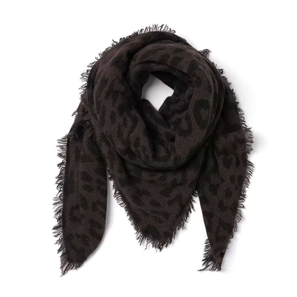 Luxury 100% Cashmere Leopard Print Shawl Scarf in dark brown