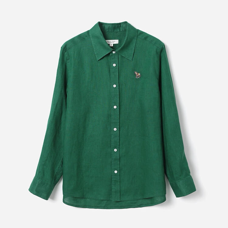 deep green oversized linen shirt women embroidered horse detail