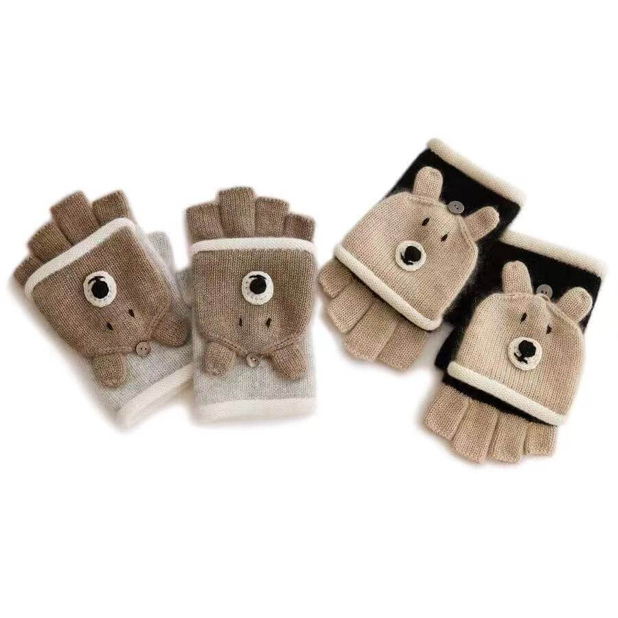 Designer women’s cashmere bear mittens with flip top design, light grey luxury cashmere gloves warm soft and cute for winter
