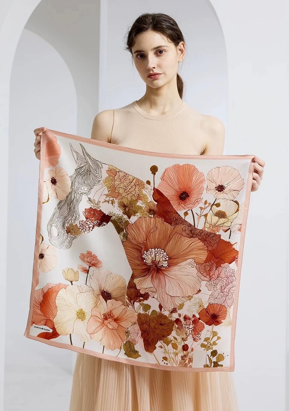 100% mulberry silk lucky horse floral square scarf for women