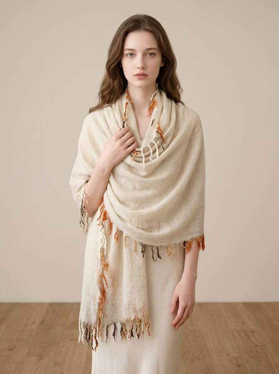 	handmade contrast fringe cashmere scarf women