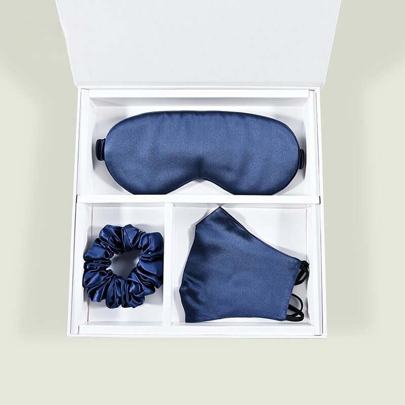 Vinci Cashmere 100% Mulberry Silk Sleep Mask set in navy blue  