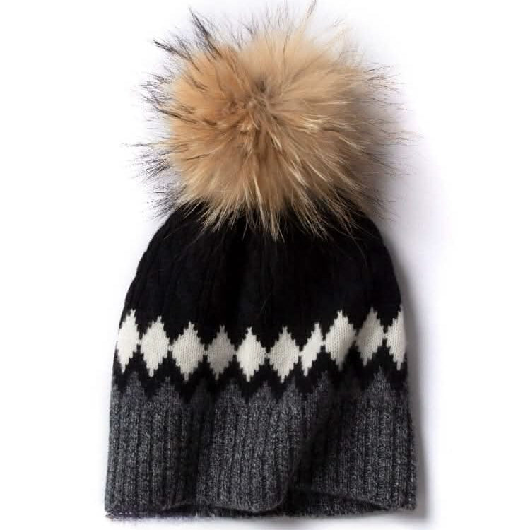 Christmas grey cashmere beanie hats, pom pom black beanie hats,Close-up of luxury fair isle cashmere beanie hat with pom pom knit texture
