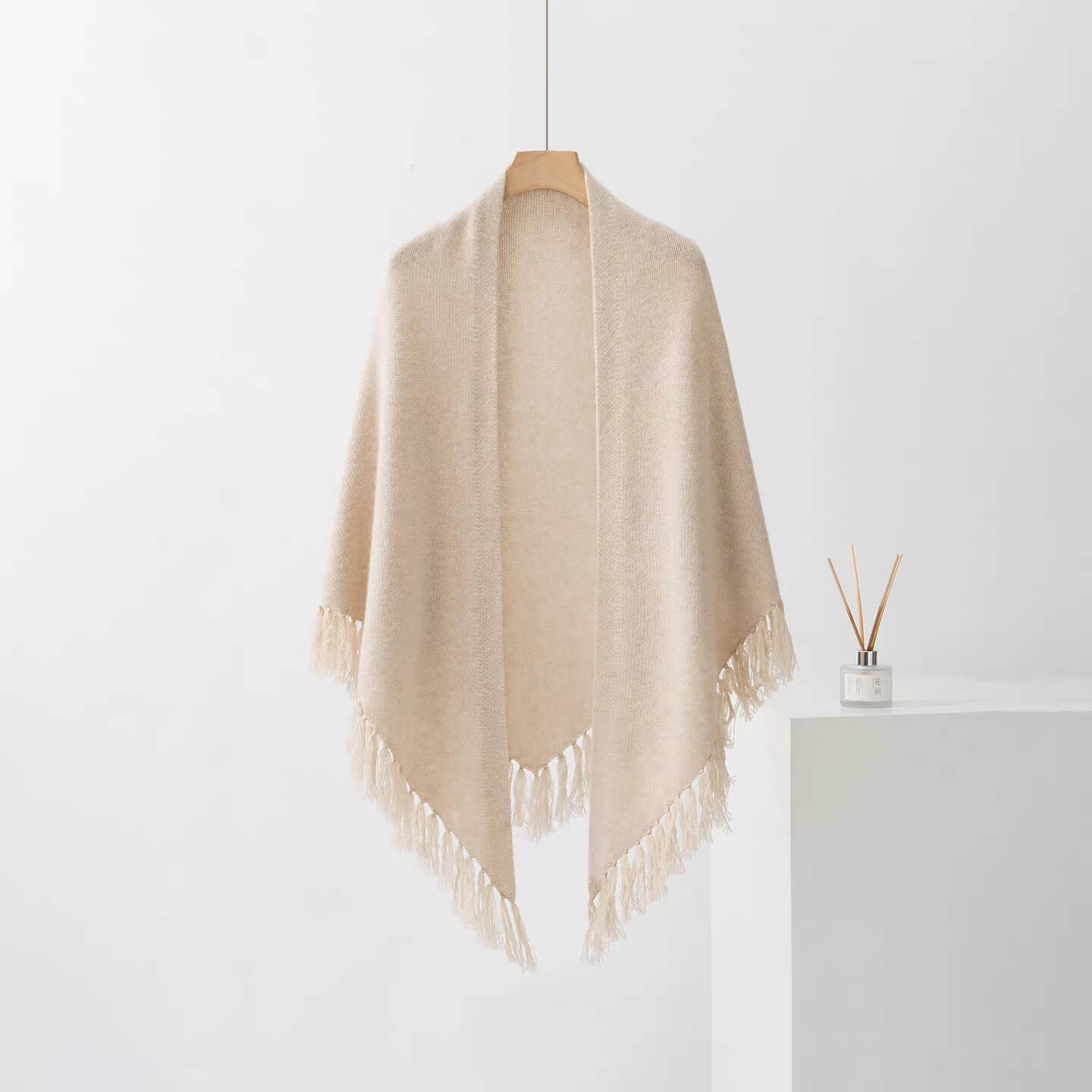 Women’s Chunky Fringe Triangle Cashmere Scarf in beige color for women