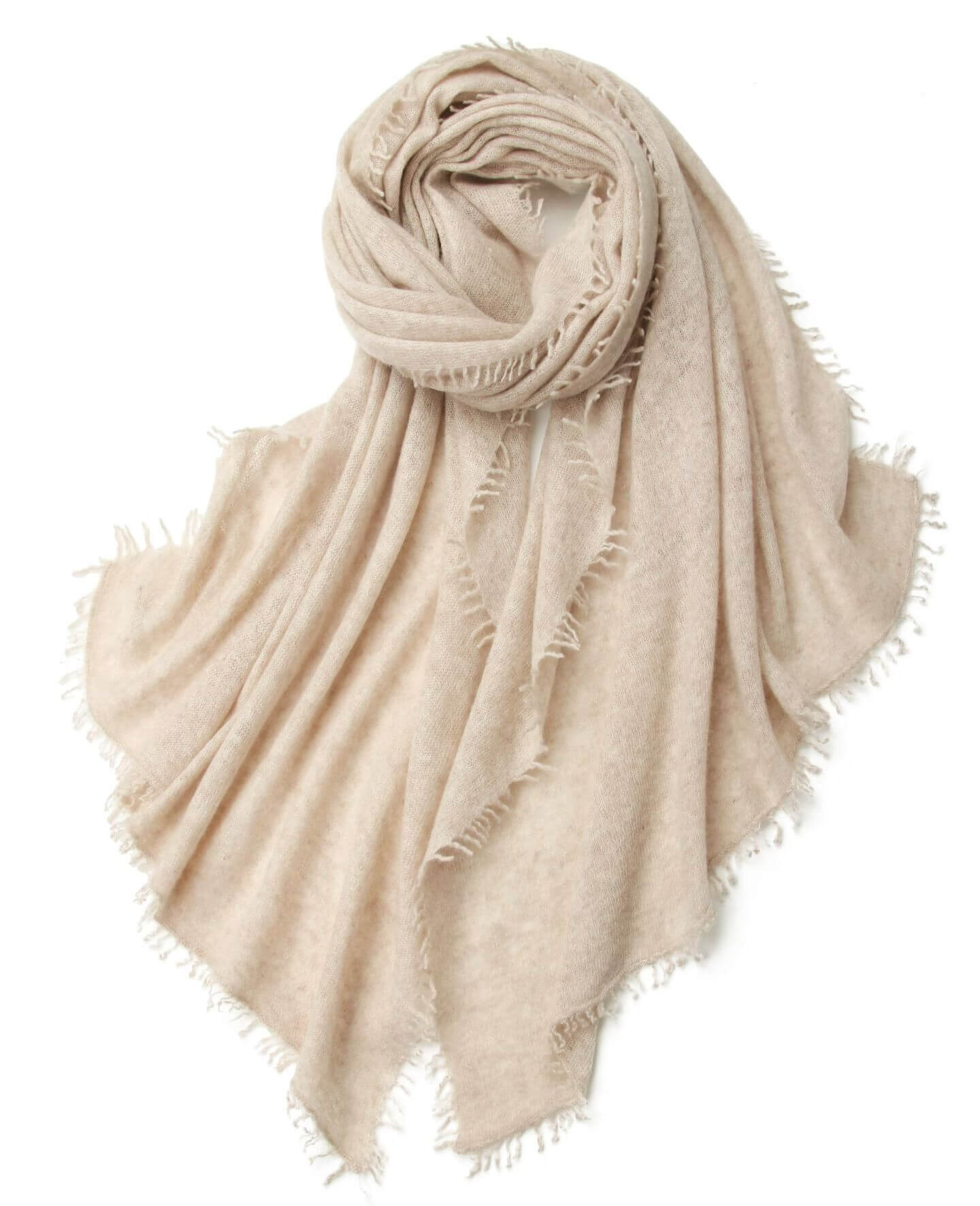 100% Cashmere Lightweight Knit Scarf with Hand-Twisted Fringes in beige color 