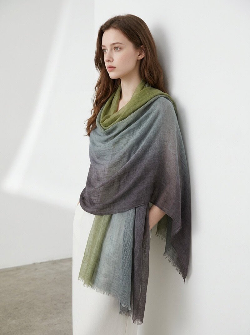 Lightweight pure cashmere scarf shawl in gradient colors, perfect luxury accessory for travel