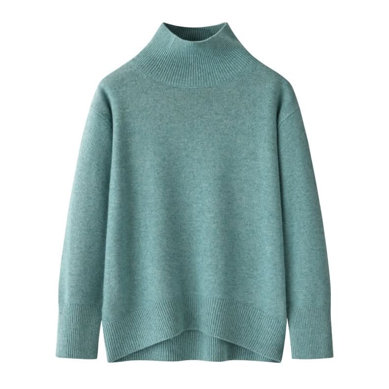 High neck dropped shoulder cashmere sweater green color,The relaxed fit makes it perfect for layering or wearing on its own for a laid-back, chic look.