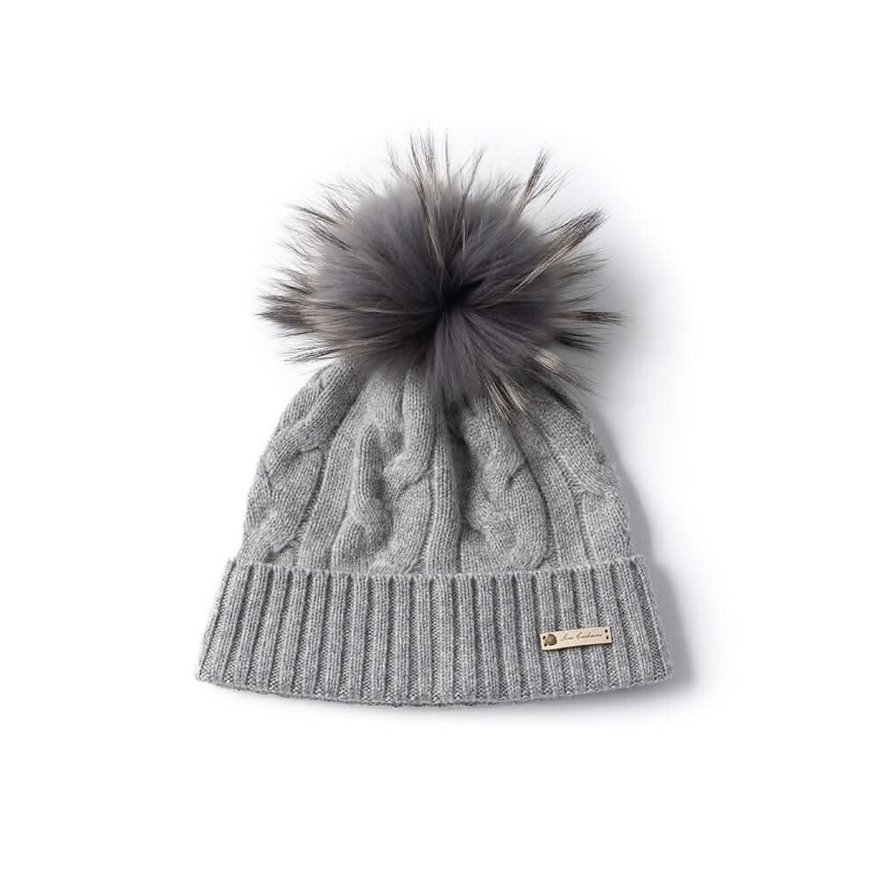 cashmere cable knitting beanie hats with pom pom in grey