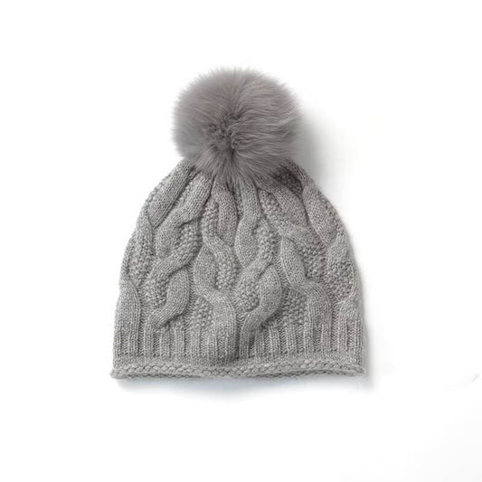 women' s cashmere cable knit pom pom beanie hat in grey color. waysoft cashmere beanie Jersey-Rib Cuffed hat