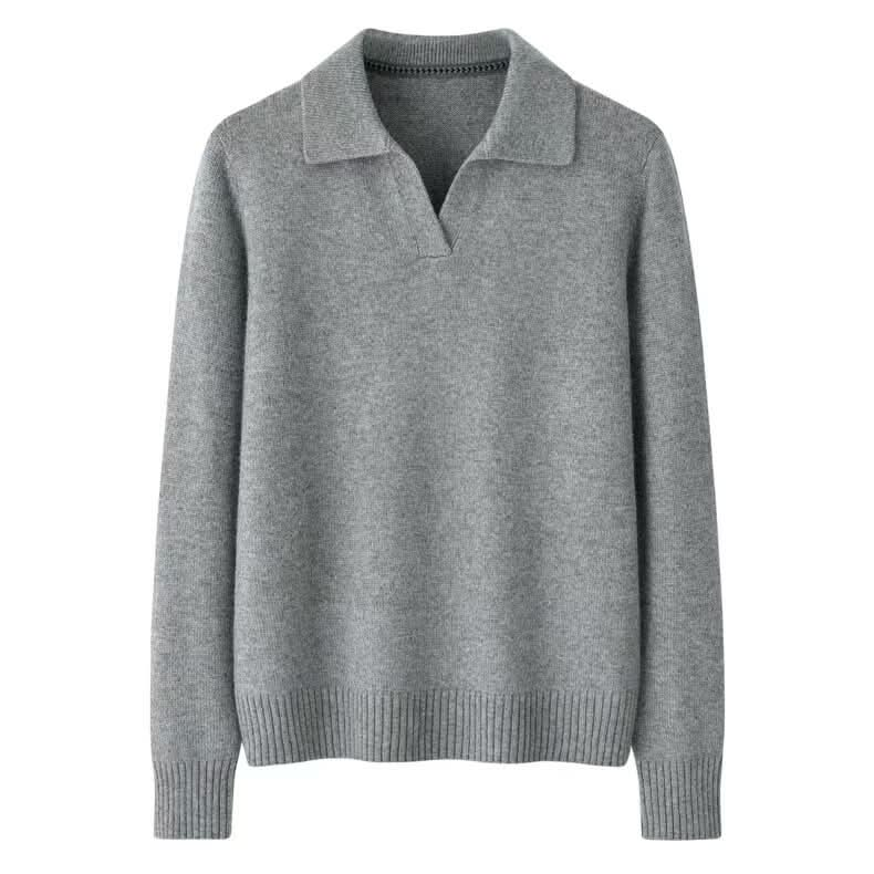 Polo neck thick pure cashmere pullover sweater for women grey  color