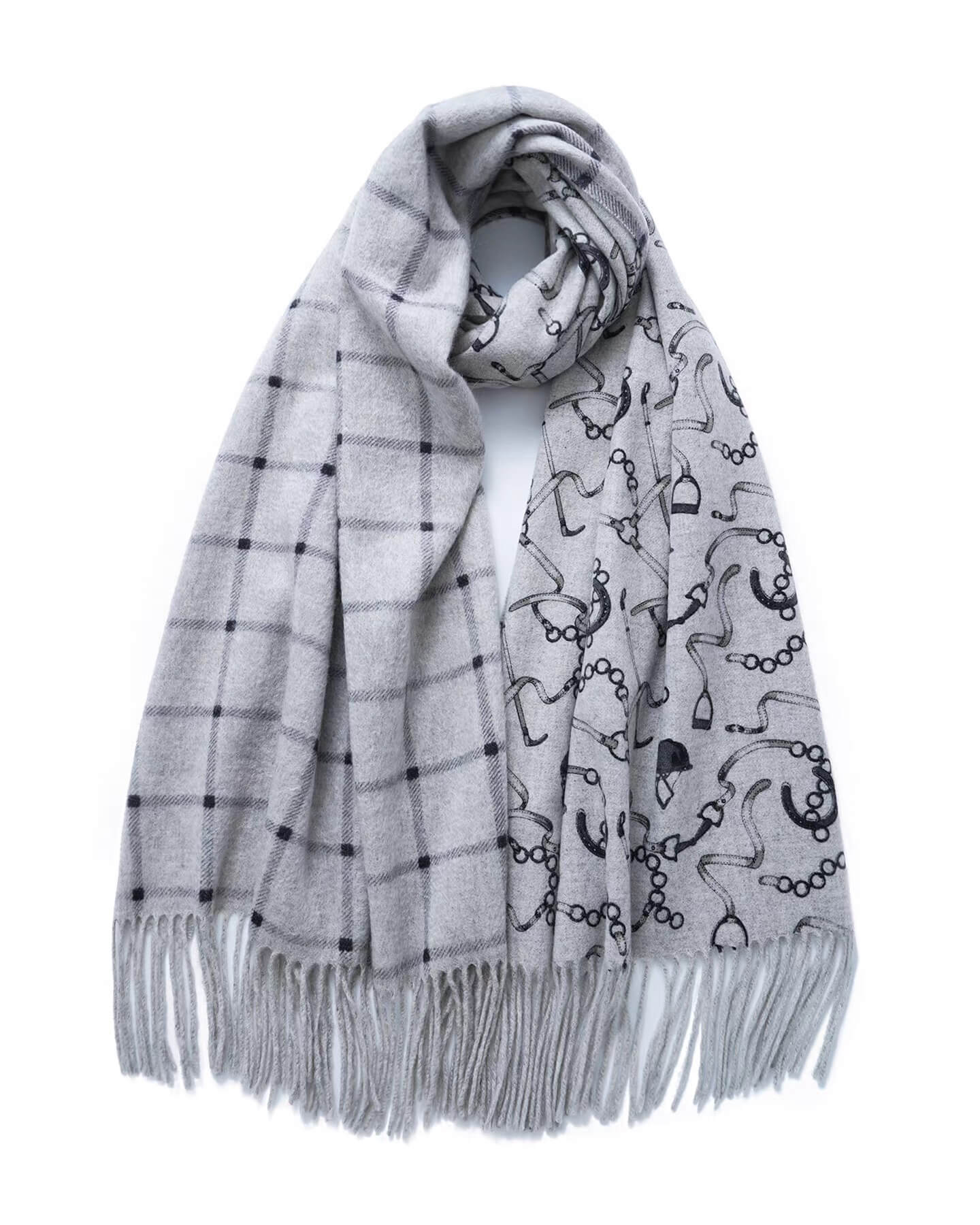 Gray scarf with black pattern on a white background