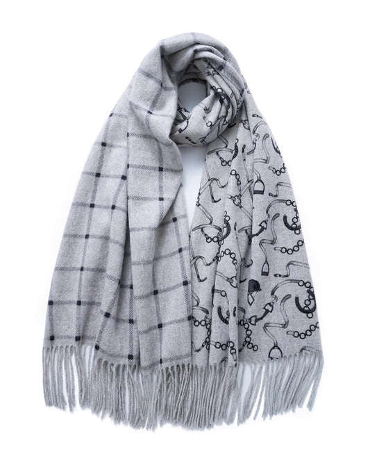 Gray scarf with black pattern on a white background