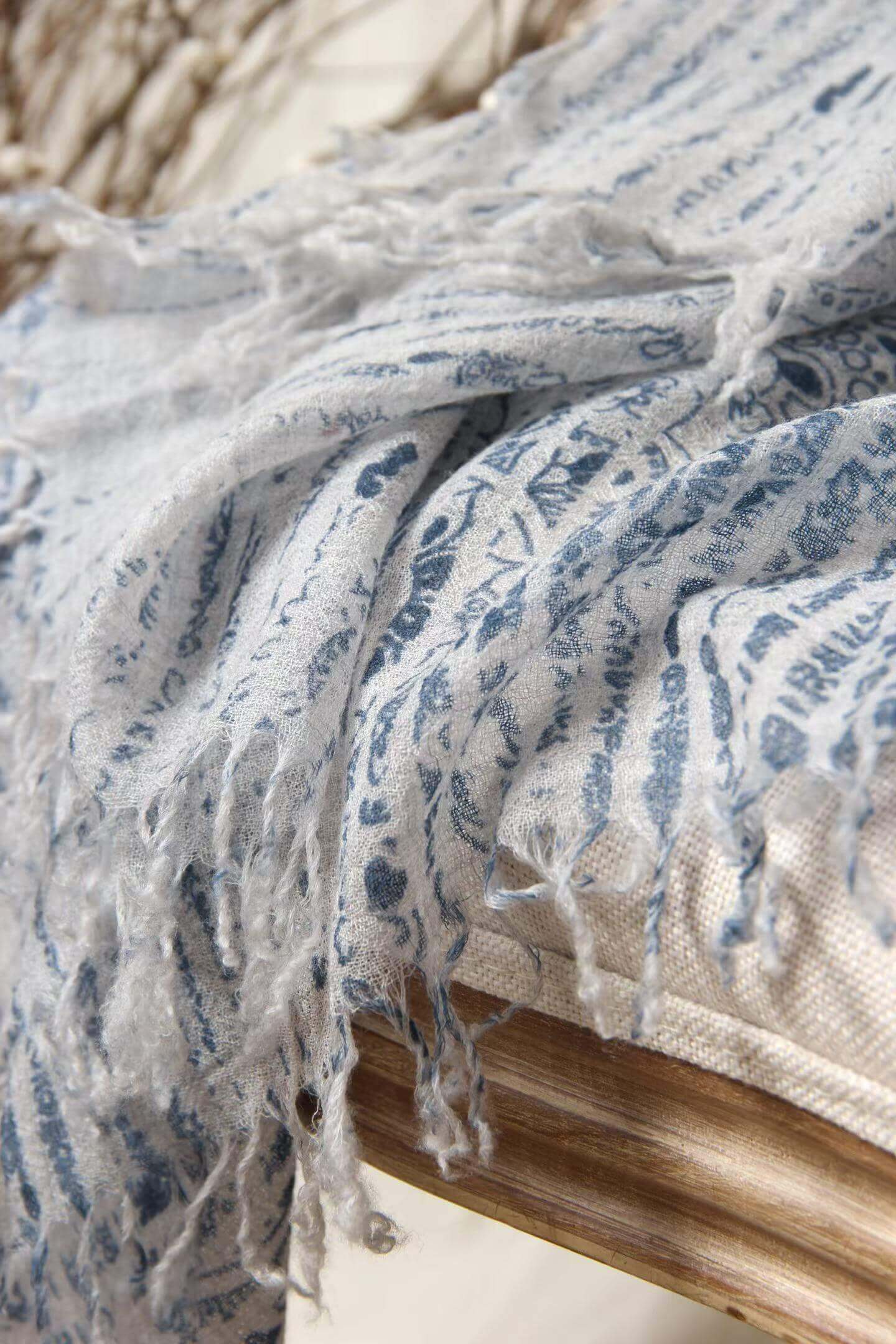 	hand printed cashmere shawl blue paisley pattern women scarf