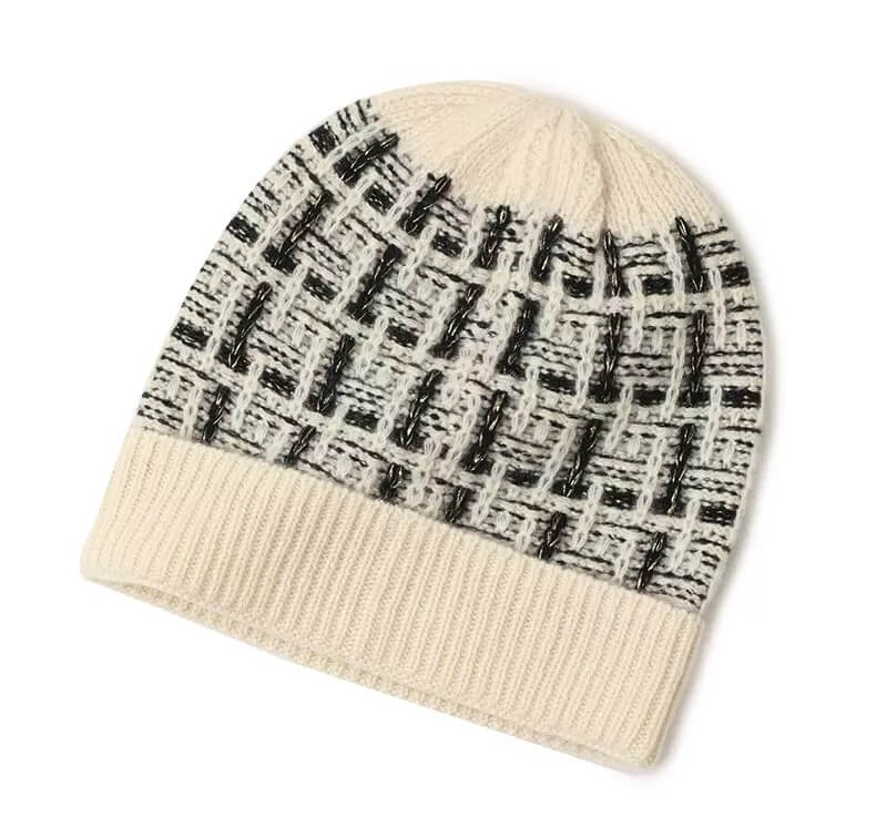 Ivory and black check lightweight cashmere winter beanie