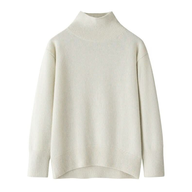 High neck dropped shoulder cashmere sweater white color, Women's Cashmere Mock Neck Sweater