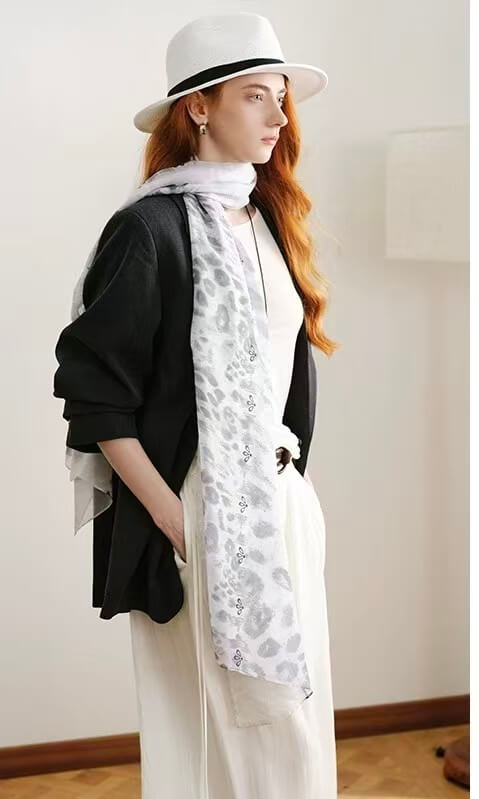 Light grey white silk leopard scarf with airy chiffon texture