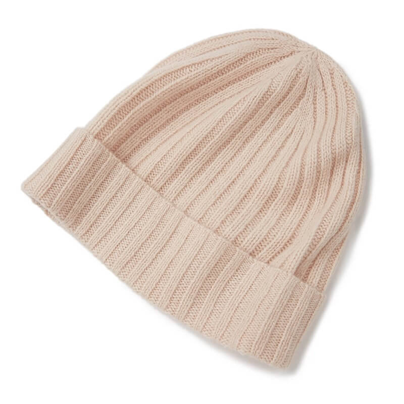 Soft light pink cashmere ribbed beanie, luxury winter fashion hat made of 100% pure cashmere yarn.