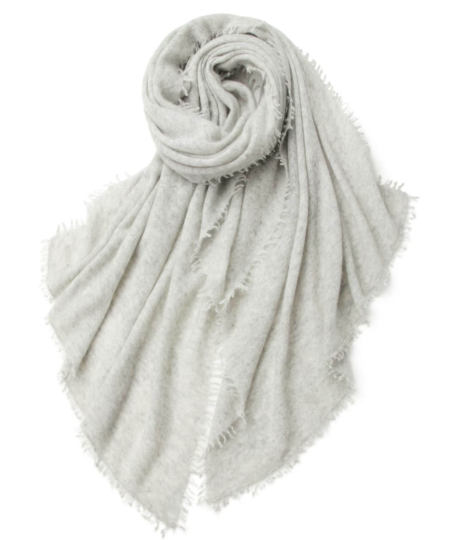 100% Cashmere Lightweight Knit Scarf with Hand-Twisted Fringes in light grey 