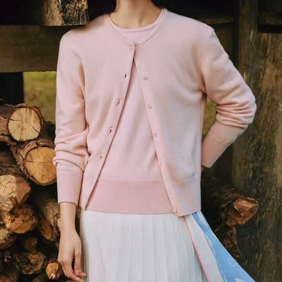 lightweight 100% cashmere cardigan for women in blush pink spring outfit