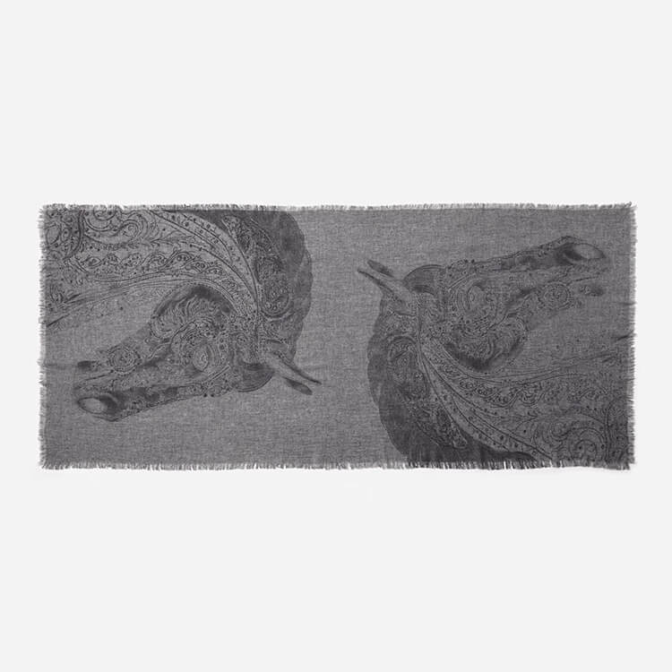 Lightweight 100 percent cashmere horse print scarf shawl styled as wrap
