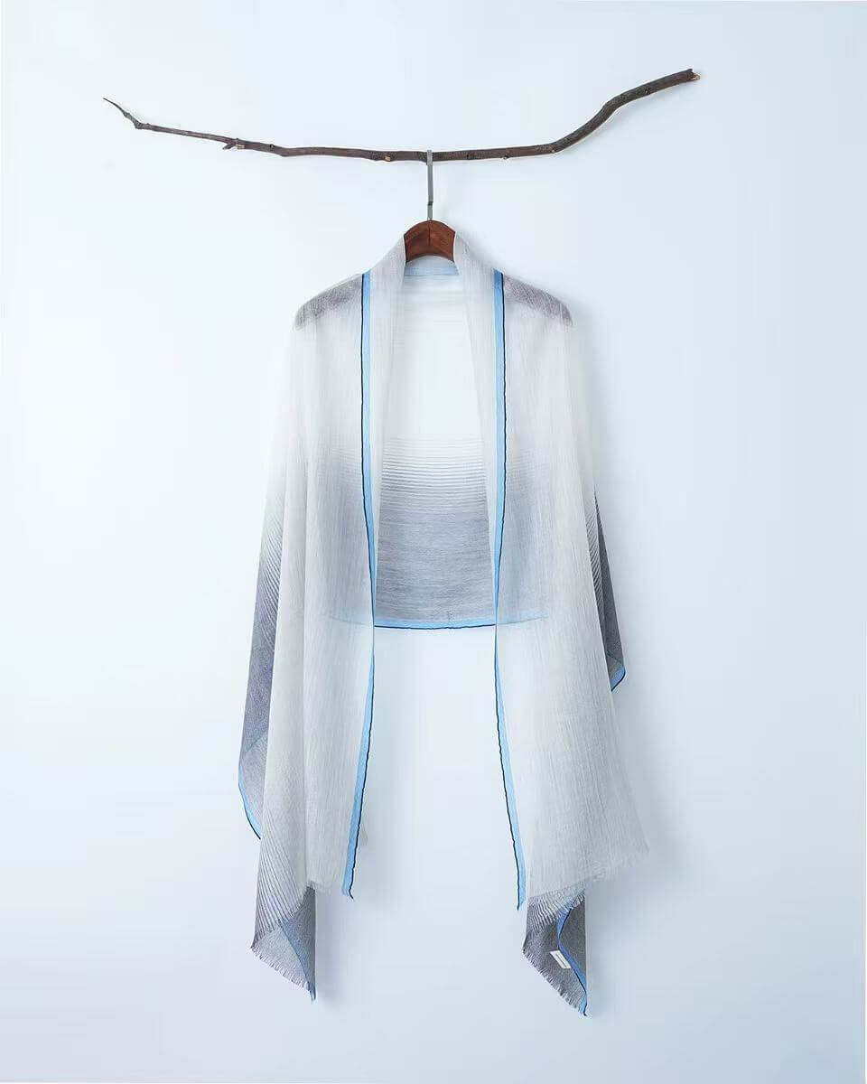 lightweight pure cashmere wrap with blue stripe edge