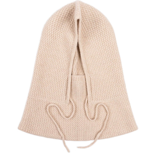 Luxury 100% cashmere balaclava in beige with knitted hood scarf design