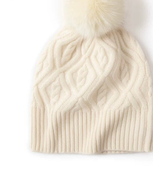 Luxury cashmere cable knit pom pom hat in white