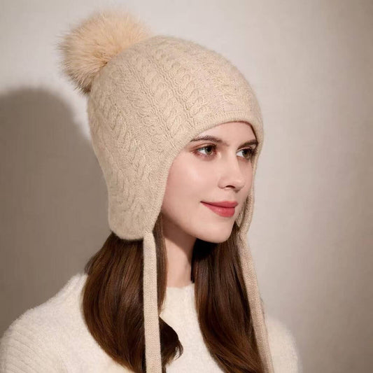 Luxury 100% cashmere earmuff hat with detachable pom pom, thick cable knit winter beanie for women