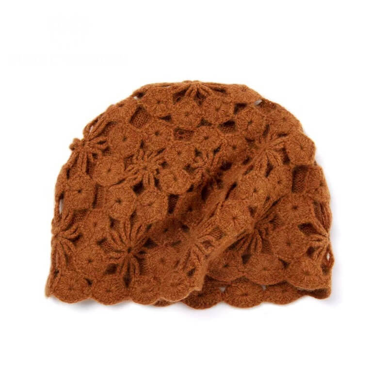 Luxury 100% cashmere handmade crochet beanie hat in caramel lightweight city wear
