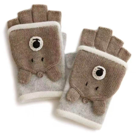 Luxury 100% cashmere bear flip mittens in light grey with camel bear cover and white rolled cuff, soft warm winter gloves for women