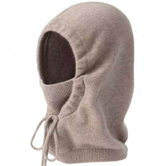 Luxury cashmere balaclava hood featuring ribbed face panel for extra warmth and wind protection