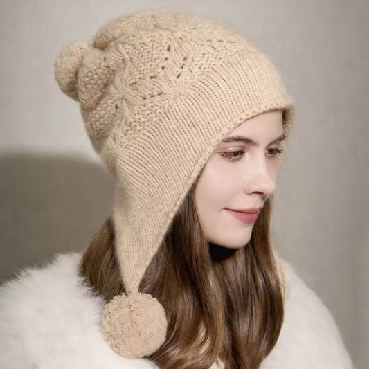 Luxury 100% cashmere pom pom hat with crochet knit texture for women