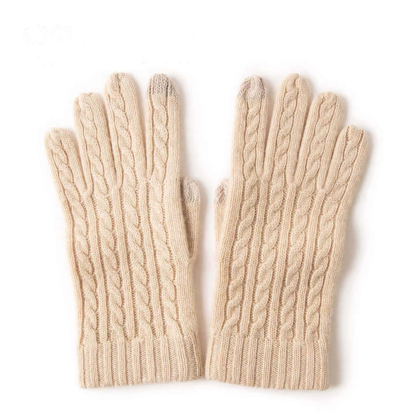 	Luxury cashmere touchscreen gloves in beige with elegant cable knit design